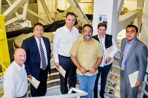 The tour of the Mirror Lab included (from left) Justin Dutram of the UA's Office of Global Initiatives; Consul General Ricardo Pineda Albarrán of the Consulate of Mexico, Tucson; Sen. Alejandro Tello of Mexico; José Franco, director of scientific outreach, Universidad Autónoma Nacional de Mexico; Cristina de la Luz Rodriguez Pacheco, Tello's wife; and Jesús Diaz, technical secretary of the Commission of Science and Technology of the Mexican Senate. (Photo: Hannah Bergeron/UANews) The tour of the Mirror Lab included (from left) Justin Dutram of the UA's Office of Global Initiatives; Consul General Ricardo Pineda Albarrán of the Consulate of Mexico, Tucson; Sen. Alejandro Tello of Mexico; José Franco, director of scientific outreach, Universidad Autónoma Nacional de Mexico; Cristina de la Luz Rodriguez Pacheco, Tello's wife; and Jesús Diaz, technical secretary of the Commission of Science and Technology of the Mexican Senate. (Photo: Hannah Bergeron/UANews)